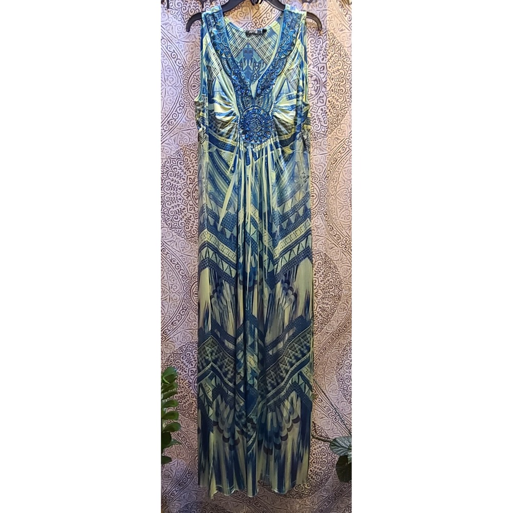 Apt 9 Maxi Dress Womens Large Blue Geometric Rhinestone Tribal Sleeveless V Neck